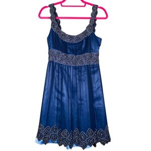 Adrianna Papell Evening Dark Blue Silk Sleeveless Dress Beaded Trim Size 8P